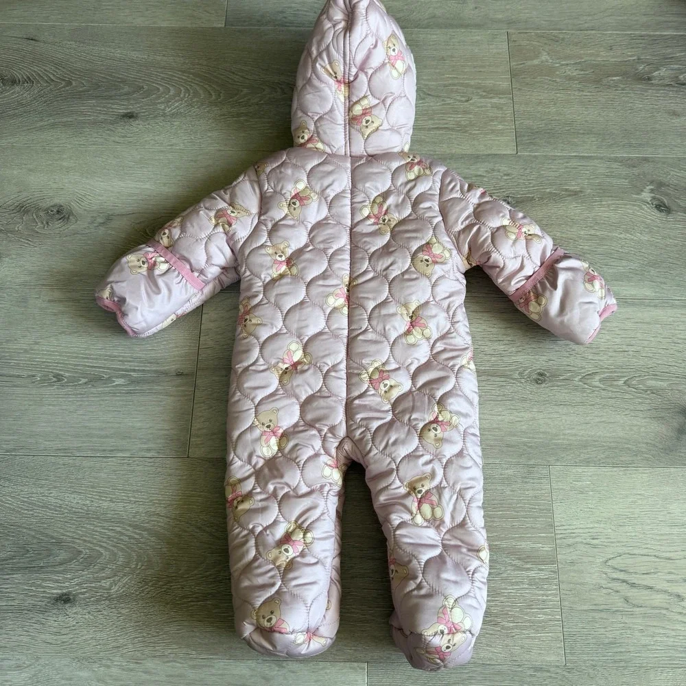 Little Lass Baby Girl Pink Quilted Teddy Bear Pram Suit Hooded Bunting 3-6M